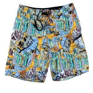 Quiksilver Board Shorts Men's Size 34 Tahitian Tribal Basquiat Art Swim Short